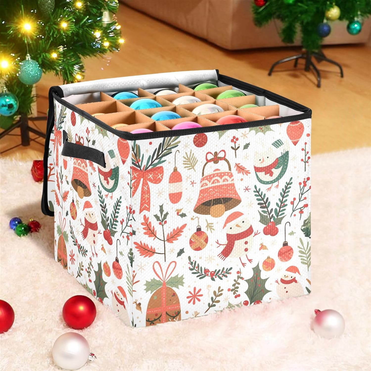 High Capacity Christmas ornament organizer Holds Up to 64, Adjustable Dividers stackable Holiday Storage Case with Lid,Merry Christmas Lovely Holly and Bird