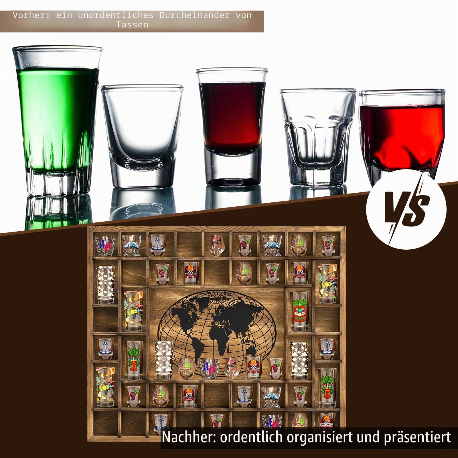 GlikCeil Große Weltkarte mit 44 Fächern, Schnapsglas-Vitrine, 71,1 x 58,9 cm, rustikaler Holz-Schnapsglashalter für 2 Größen, Weinglas, Bar, Regal, Organizer, Wandhalterung, Aufbewahrung,