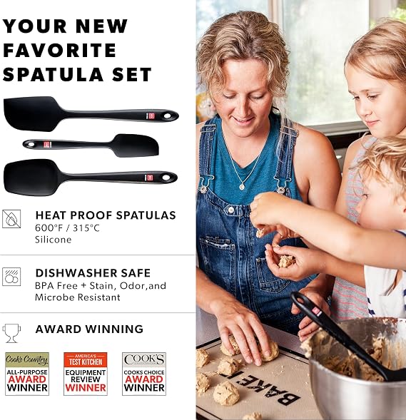 DI ORO Silicone Spatula Set - Rubber Kitchen Spatulas for Baking, Cooking, Mixing - 600F Heat-Resistant & BPA Free Silicone Scraper Spatulas for Nonstick Cookware - Dishwasher Safe (3pc, Black)