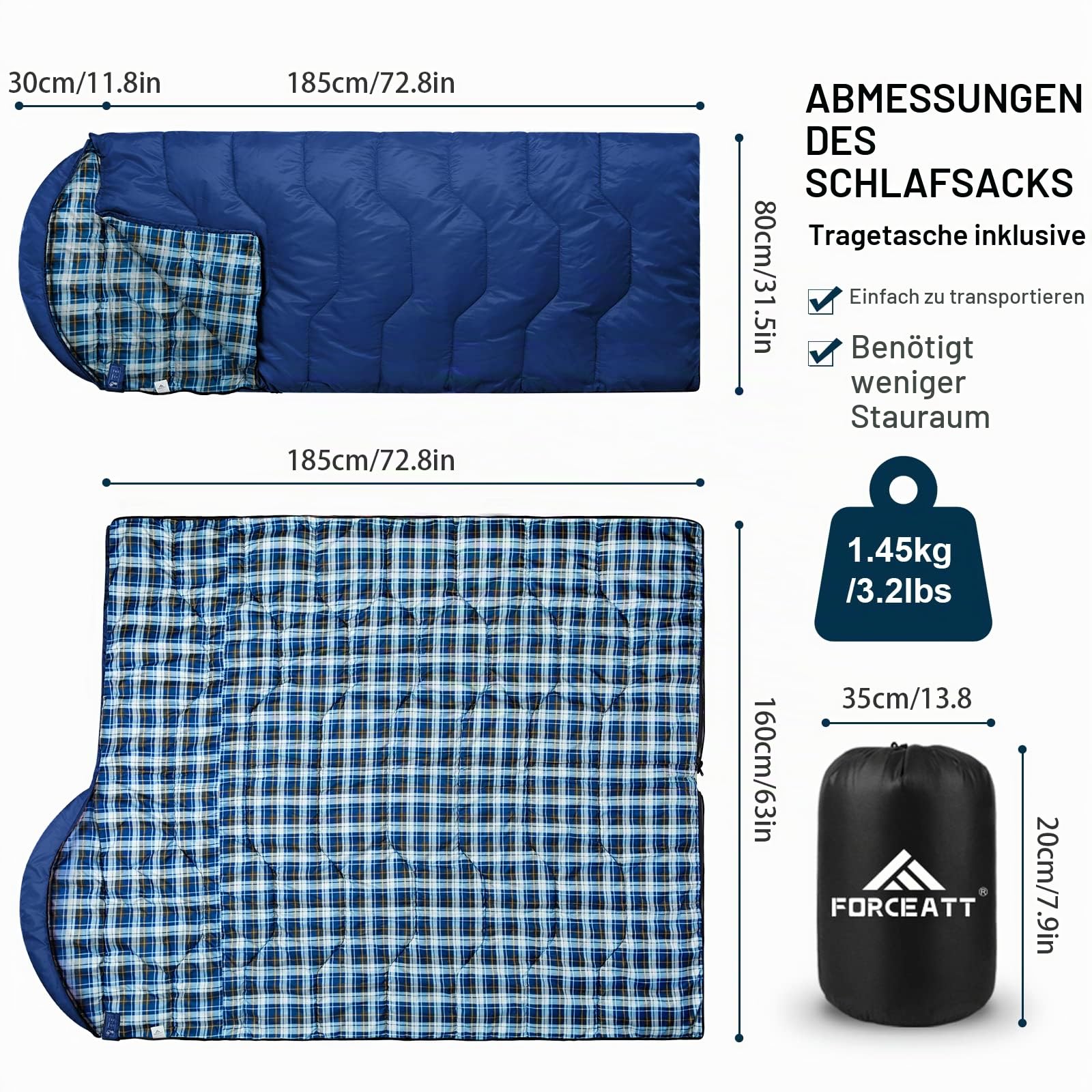 Forceatt Schlafsack 3~4 Jahreszeiten, -5°C Flanell und 20°C Polyester Schlafsack für Erwachsene, wasserdichte Schlafsack Winter Warm Perfekt für Camping, Indoor, Outdoor und Kaltes Wetter.