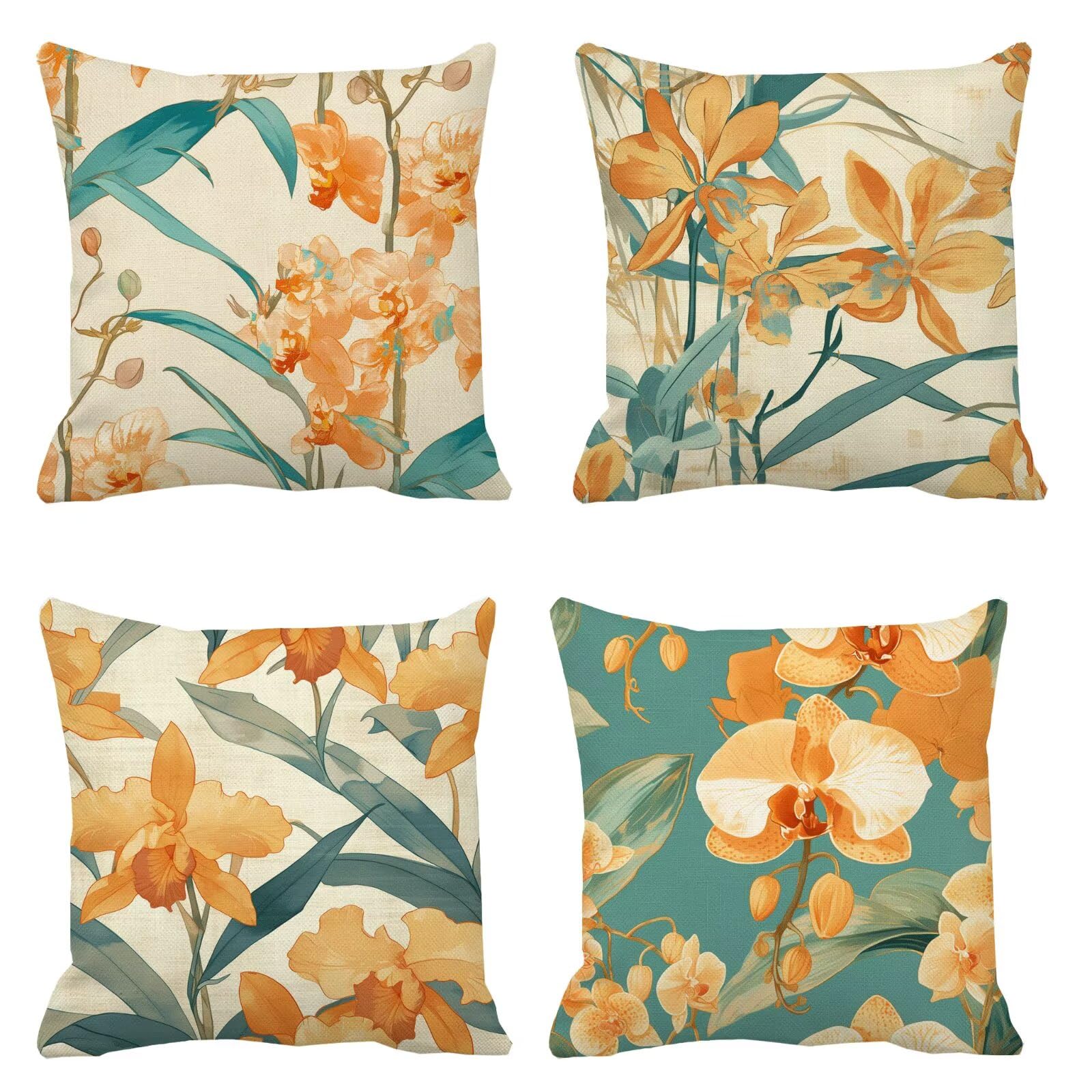 Carré oreiller lot de 4 imprimé plantes 40x40cm idée cadeau automne housse lin imperméable