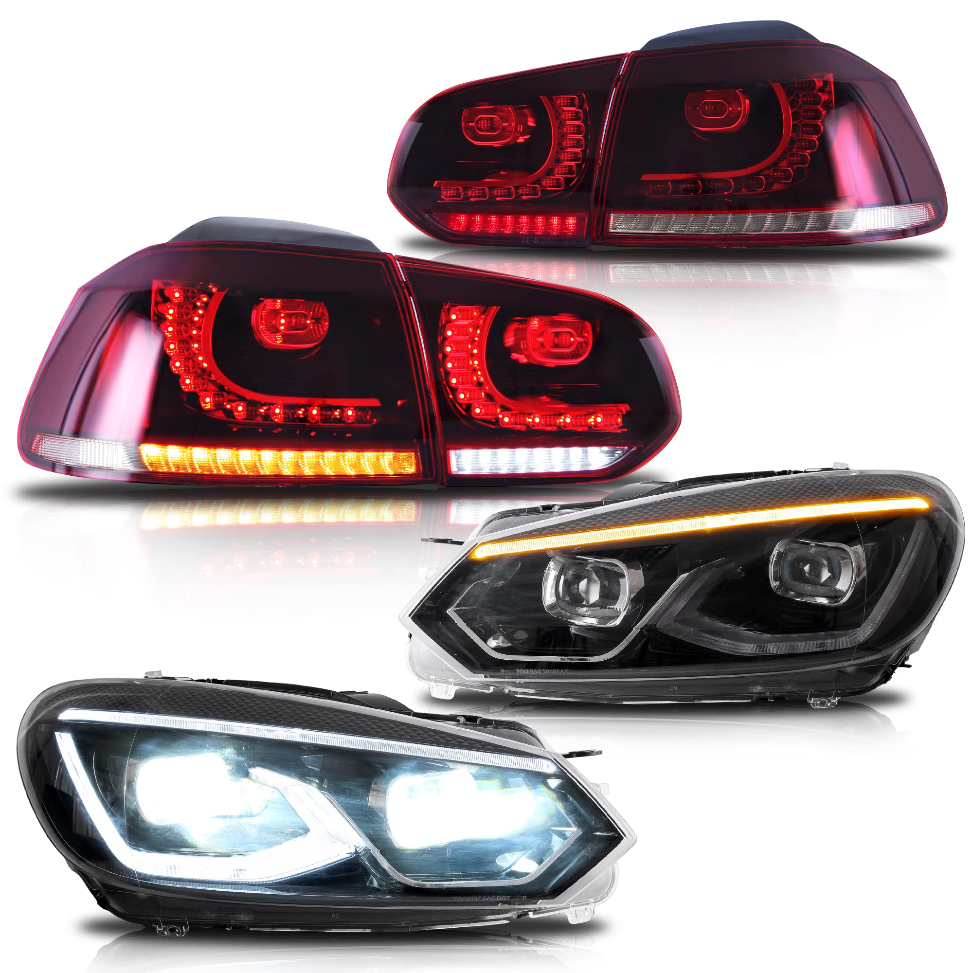VLAND przednie i tylne światła LED do lampy halogenowej Golf 6 TSI 2008-2013 [nie GTD/R], z sekwencyjnym kierunkowskazem, po stronie kierowcy i pasażera (pełne światło LED + czerwone i jasne)