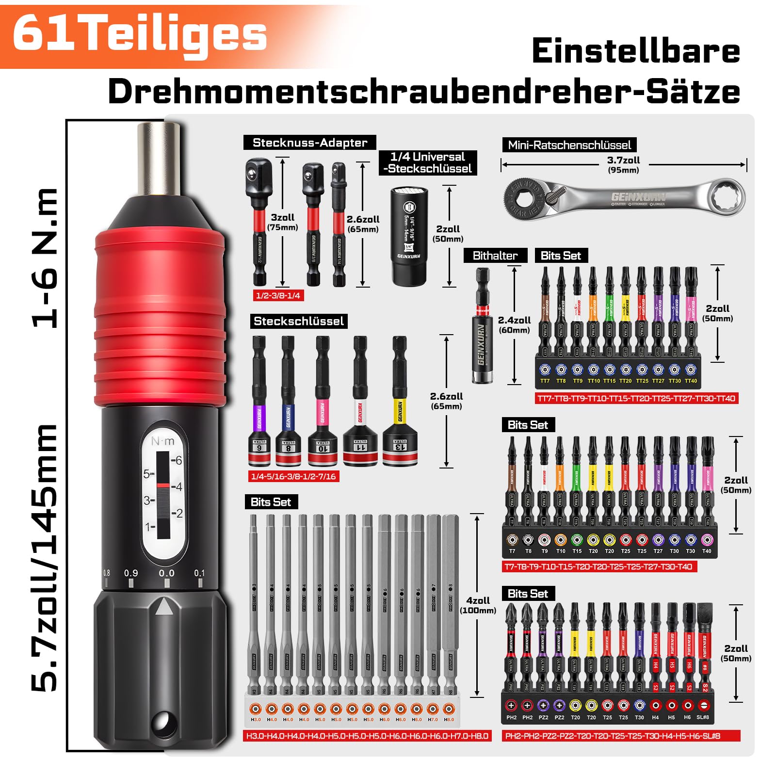 GEINXURN Set di 61 cacciaviti dinamometrici regolabili (1/4 pollici), set industriale SAE con cacciaviti rotativi speciali regolabili con attacco universale, chiave a bussola