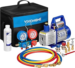 VIVOHOME 110V 1/4 HP 3.5CFM Single Stage Rotary Vane Air Vacuum Pump and AC Manifold Gauge Set Kit with Thermometer for R134a R12 R22 R502 R410a HVAC Air Conditioning Refrigeration Recharging