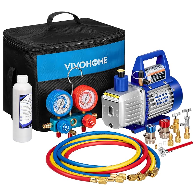 Bomba de Vácuo para Ar-Condicionado VIVOHOME 110 V, 1/4 HP, 3,5 CFM, Estágio Único com Kit de Manifold, Termômetro e Mangueiras para R134a, R12, R22, R502 e R410a