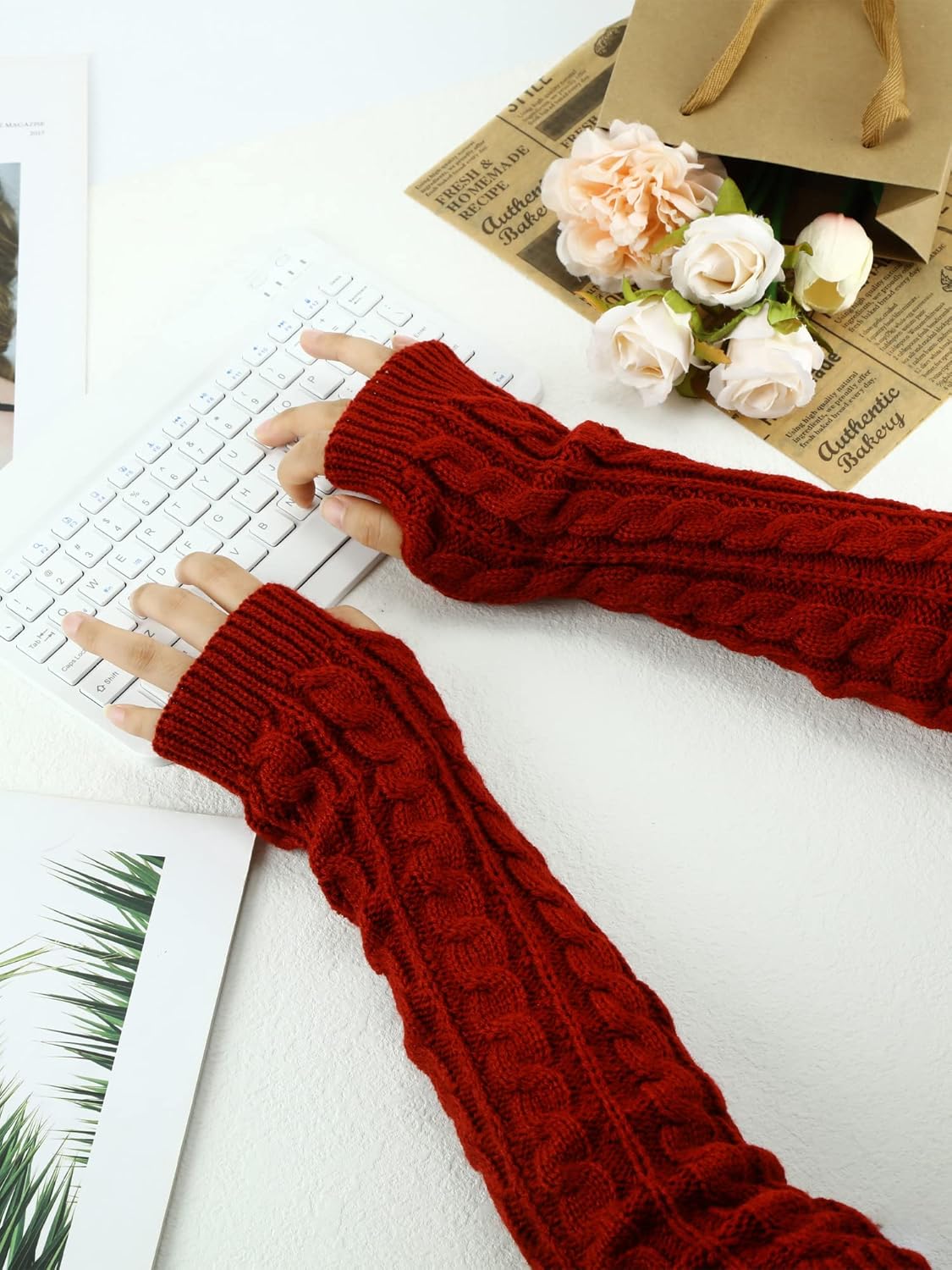 Bememo 3 Pairs Arm Warmers Long Fingerless Gloves Knit Wrist Warmers with Thumb Hole Open Finger Arm Socks for Women Adult - Image 5