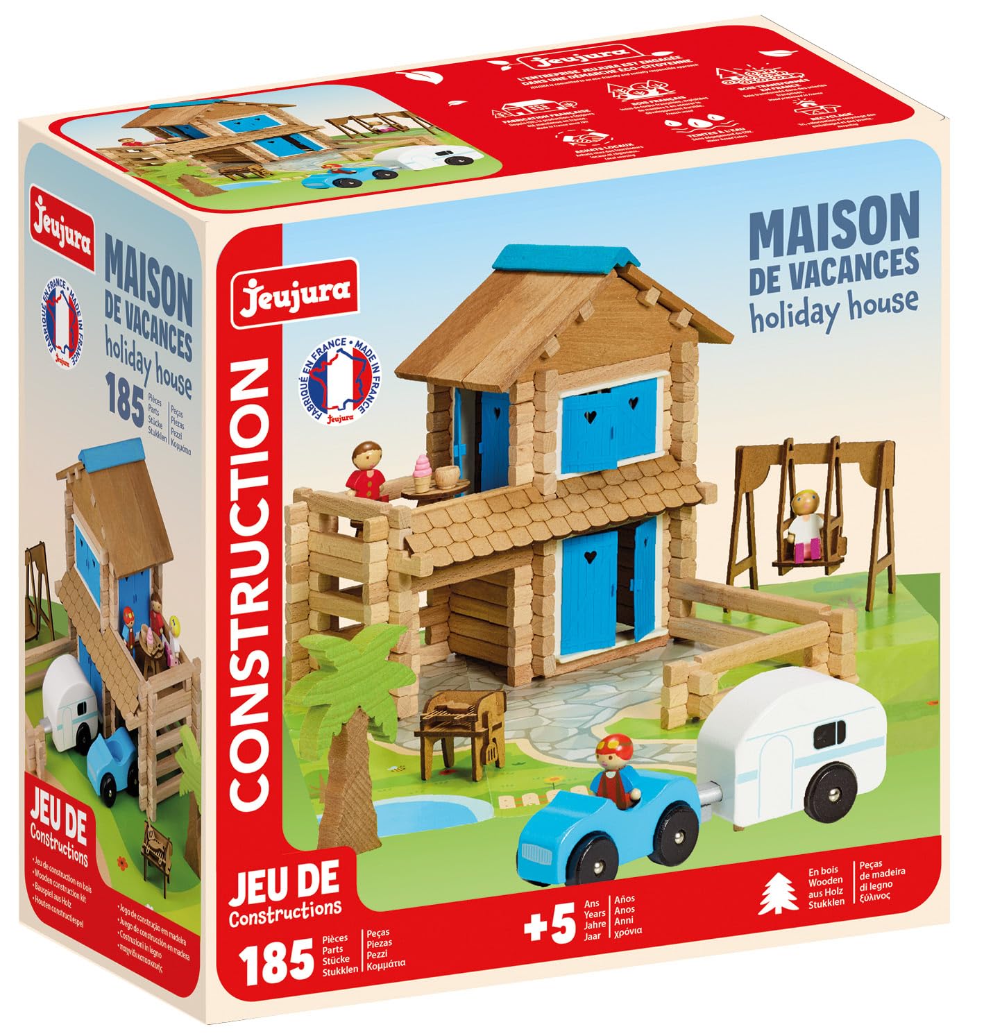 Jeujura - Maison de Vacances 185 Pièces - Jeu de Construction 5 Ans - 8017 | Jeu en bois enfant - Personnages et accessoires inclus - Valisette de rangement - Imagination - Fabriqué en France