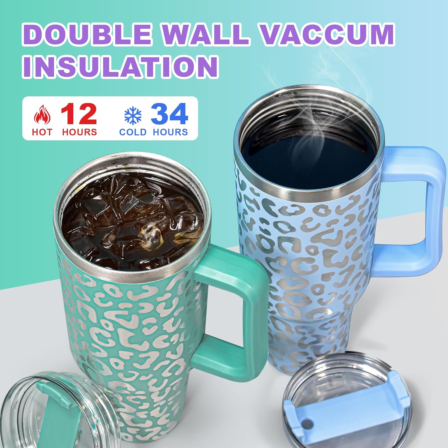 40 oz Tumbler with Handle and Straw, 100% Leak-Proof Travel Mug, Stainless Steel Double Wall Vacuum Insulated Coffee Cup Keeps Cold For 34 Hours, Dishwasher Safe, Purple Leopard - Image 2