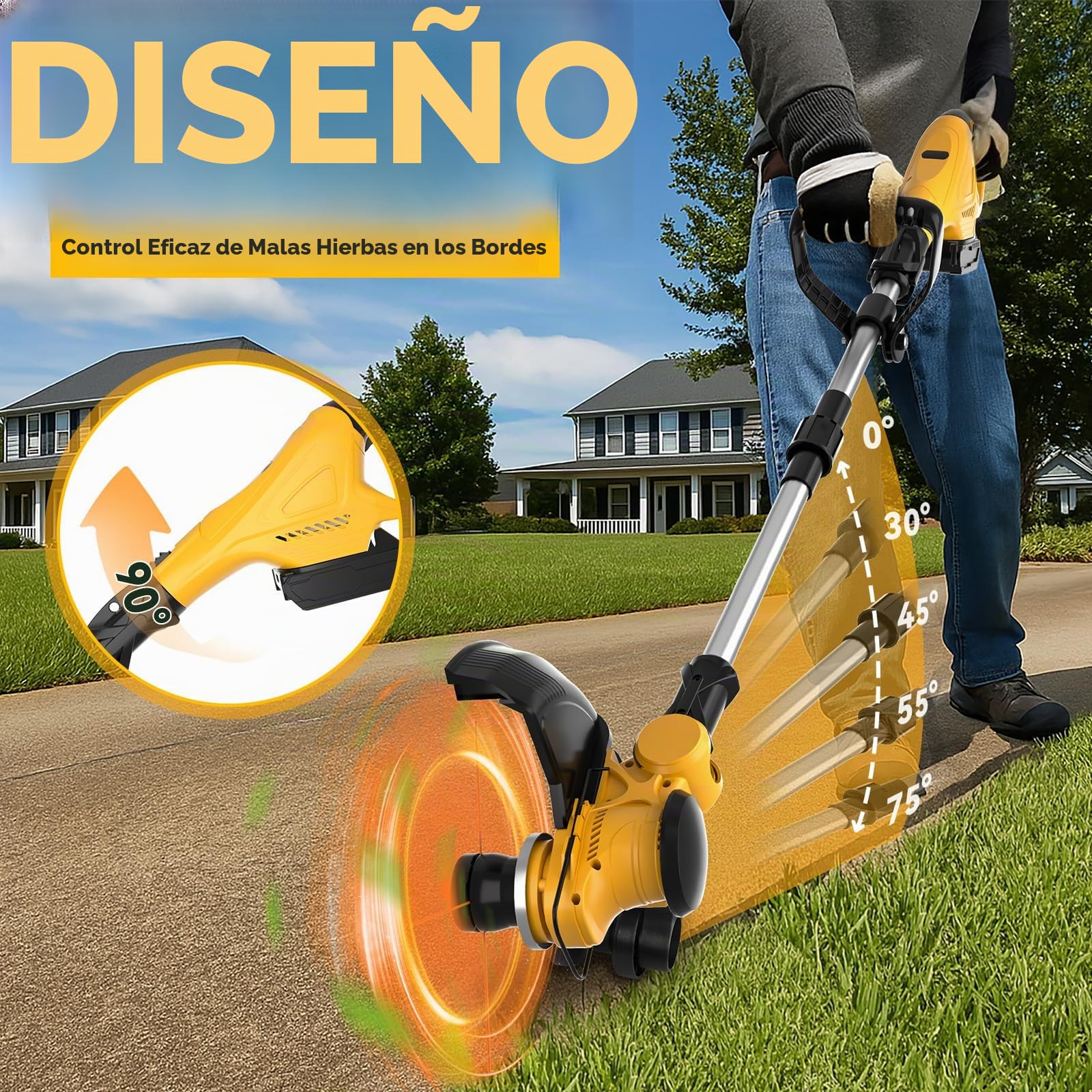 Desbrozadora Inalámbrica Compatible con Dewalt 20V batería (no bateríe) sin Escobillas con Batería Indicadora, Corte de Borde Eléctrico Plegable, Cabezal Giratorio 75° y Mango Giratorio 90°