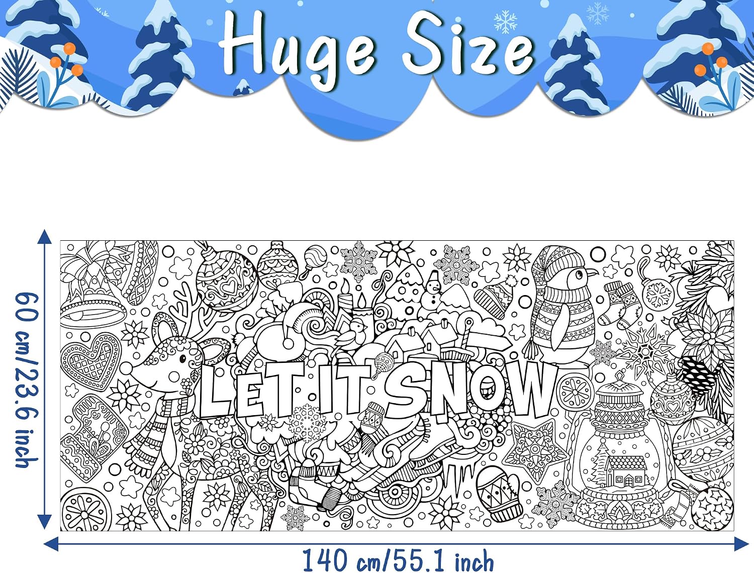 Dvbonike Jumbo Winter Mandala Coloring Poster Giant Let It Snow Color-in Paper Poster DIY Drawing Blank Doodle Art Banner 55.1 x 23.6 inch Decoration, Home School Activity Party Supplies for Kids image 2