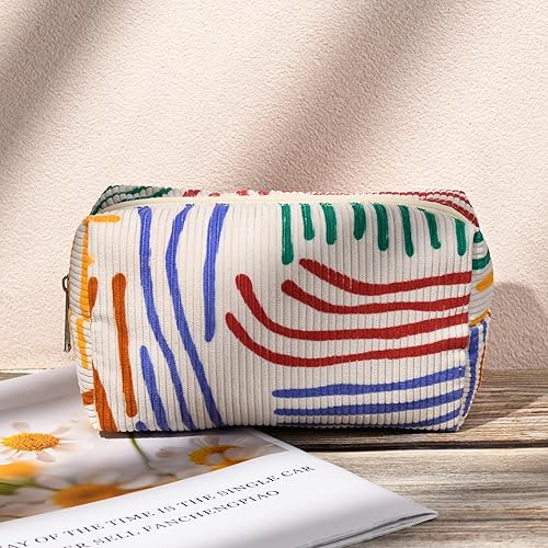 Miniatura 8 de SOIDRAM Bolsa de maquillaje grande de pana de 2 piezas, bolsa de cosméticos de lona, capacidad a rayas, bolsa de aseo de viaje, organizador de