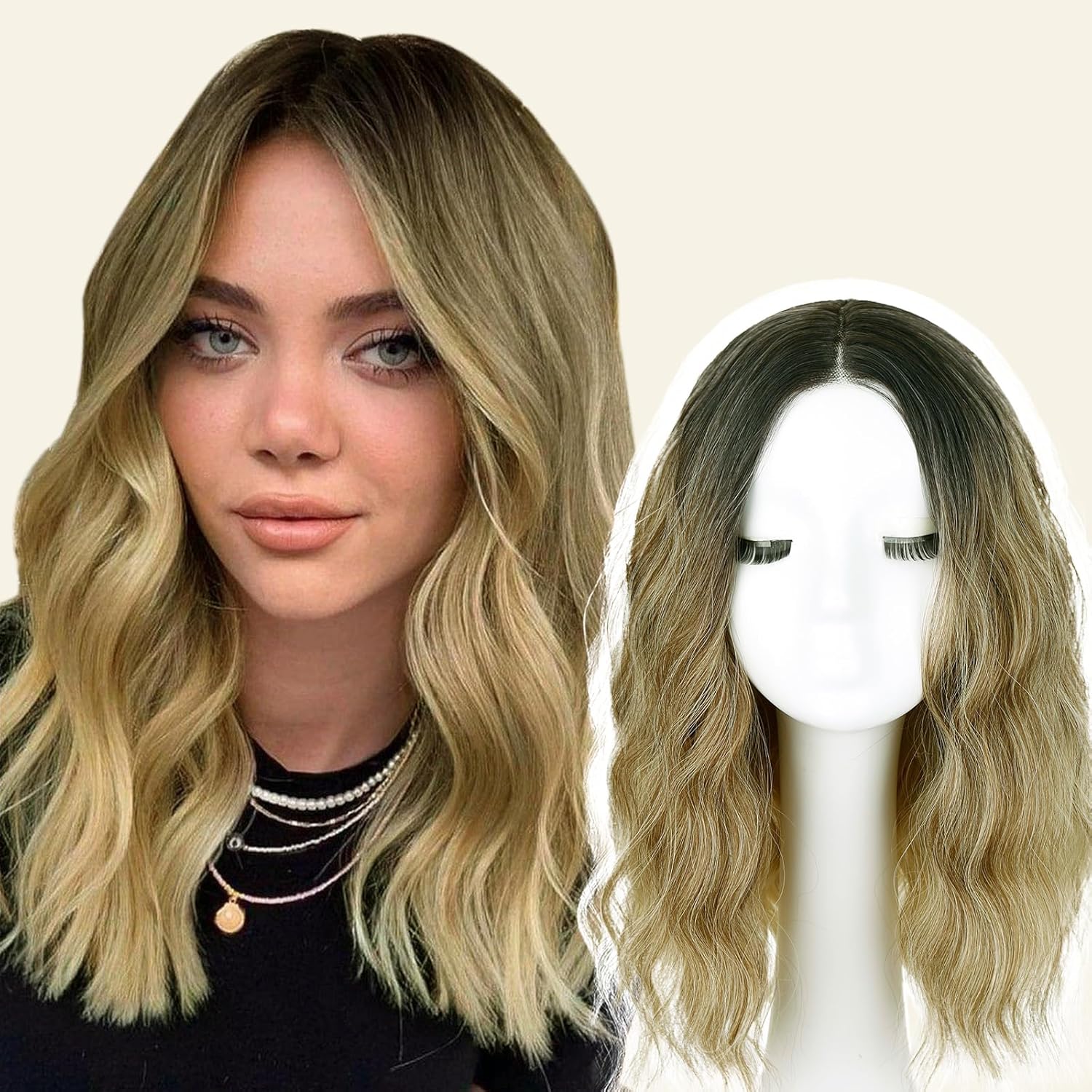Ombre Blonde Short Wavy Wig for Women Shoulder Length Middle Part with Pre Cut Lace Hairline Wavy Wig Natural Appearance Synthetic Heat Resistant Fiber for Everyday Hairstyle 16 Inch
