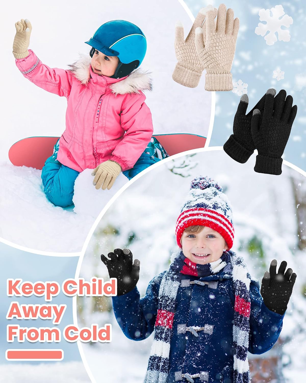 6 Pairs Kids Winter Touchscreen Gloves Fleece Lined Texting Warm Gloves Elastic Cuff Knitted Anti Slip Gloves for Girls