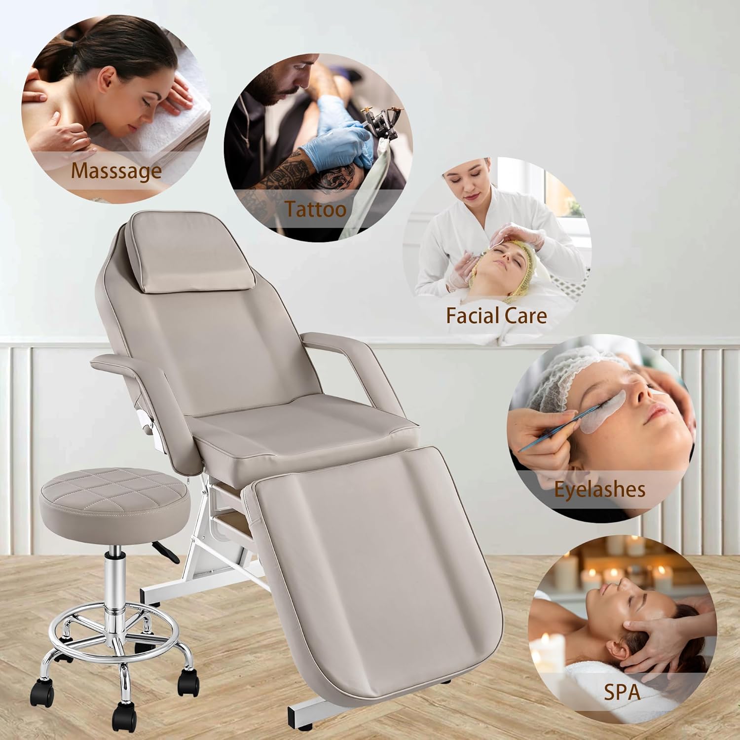 Tattoo Bed Chair for Client, Facial Lash Bed for Esthetician Chair with Swivel Stool, Adjustable Salon Spa Beauty Equipment w/Removable Armrests & Headrest, 2-Tray, Grey