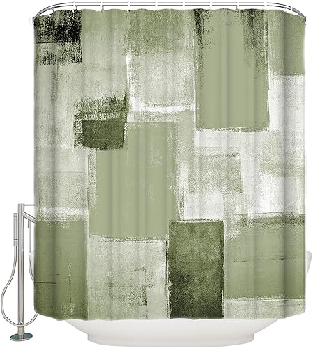 Sage Green Geometric Shower Curtain, Modern Abstract Smear Street Art Waterproof Washable Boho Funny Cute Shower Curtains Set for Bathroom Farmhouse