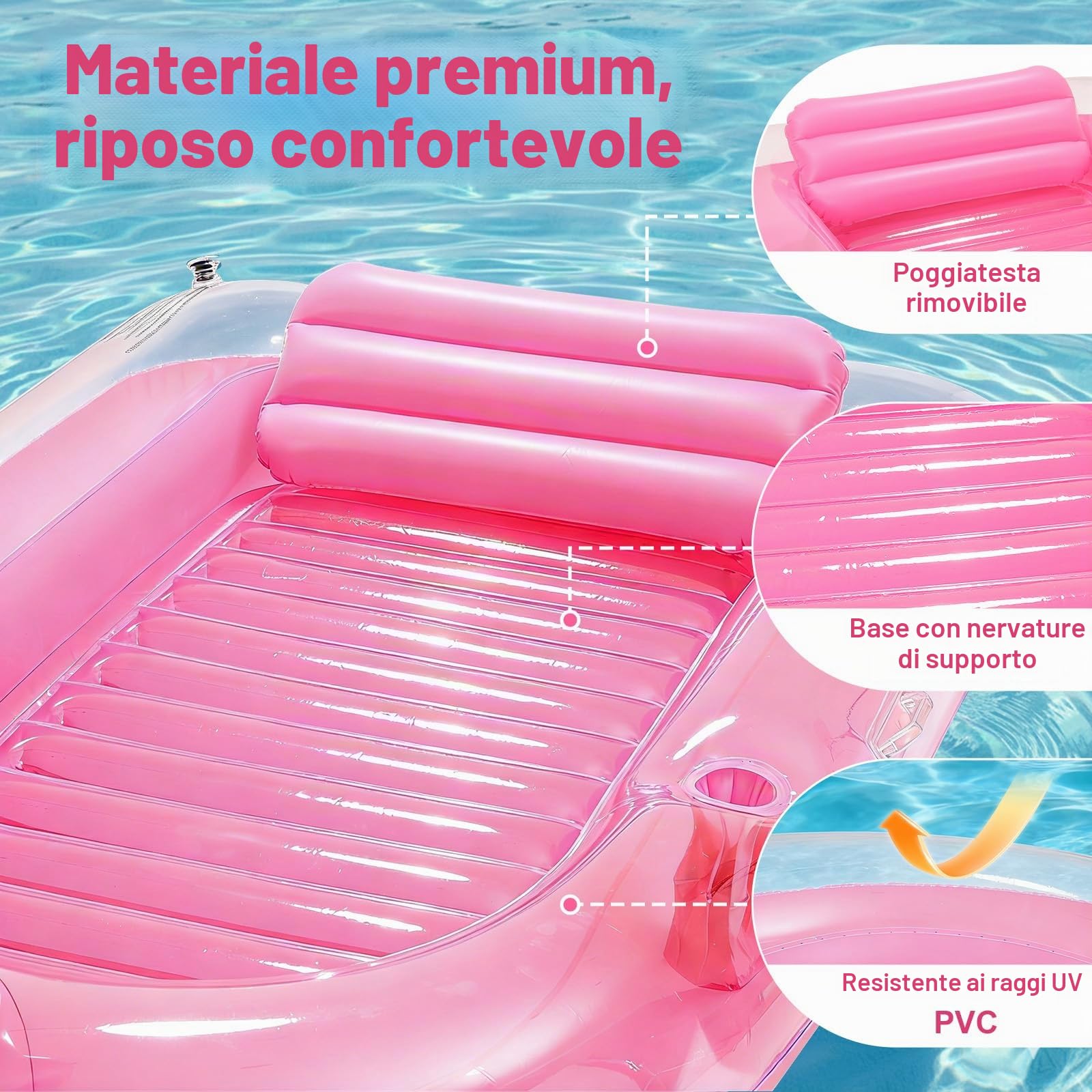 HeySplash Lettino Abbronzante Gonfiabile, Materassino Gonfiabile da Flamingo con Portabicchieri, Cuscino Rimovibile e 2 Maniglie, Galleggiante per Adulti da Piscina, Spiaggia e Giardino