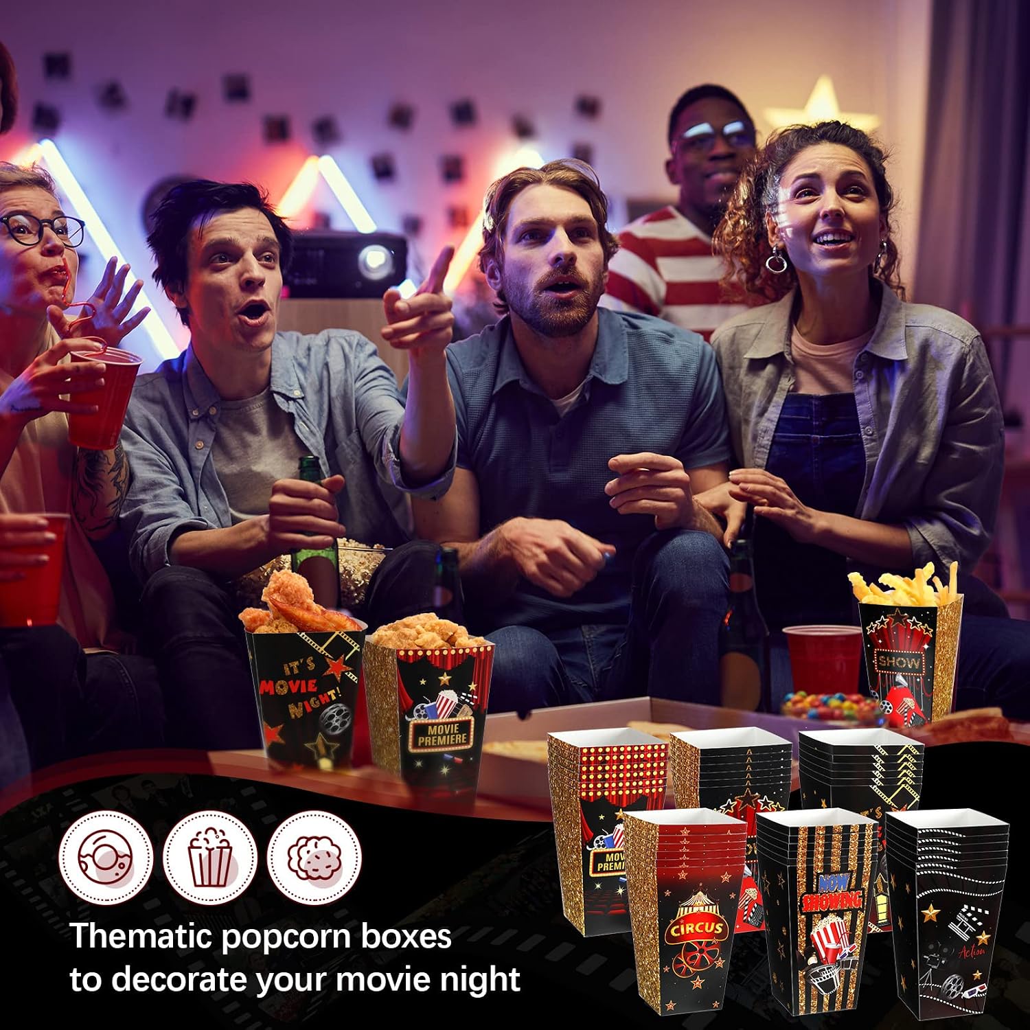 36 Pcs Popcorn Containers Disposable Cardboard Popcorn Boxes 36 oz Buckets Holders Movie Night Party Favor Treat Containers for Movie Night Retro Theater Birthday Carnival Circus