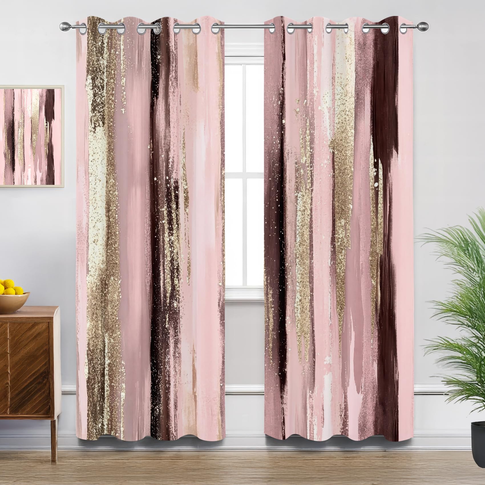 Mistela Pink Gold Curtains for Living Room, Modern Abstract Luxury Brush Stroke Blackout Curtains 90x90, Thermal Insulated Extra Wide Bedroom Curtain Eyelet, 2 Panels Drapes Home Decor — image 1