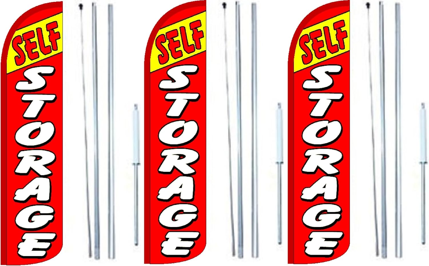 OnPoint Wares Self Storage Feather King Flags Pack of 3 | 2.5 ft by 12 ft Self Storage Banners for Businesses | Weatherproof Polyester for Self Storage Signs | Outdoor Flags (With Complete Hybrid Pole set)