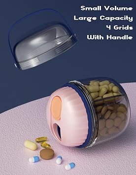 MURRI&MURRDI Small Pill Organizer with 4 Compartments, Portable Pocket Pill Bottle Organizer, Anti-Mixing Pill Dispenser Wide Opening Medication Organizer for Vitamins (Green)