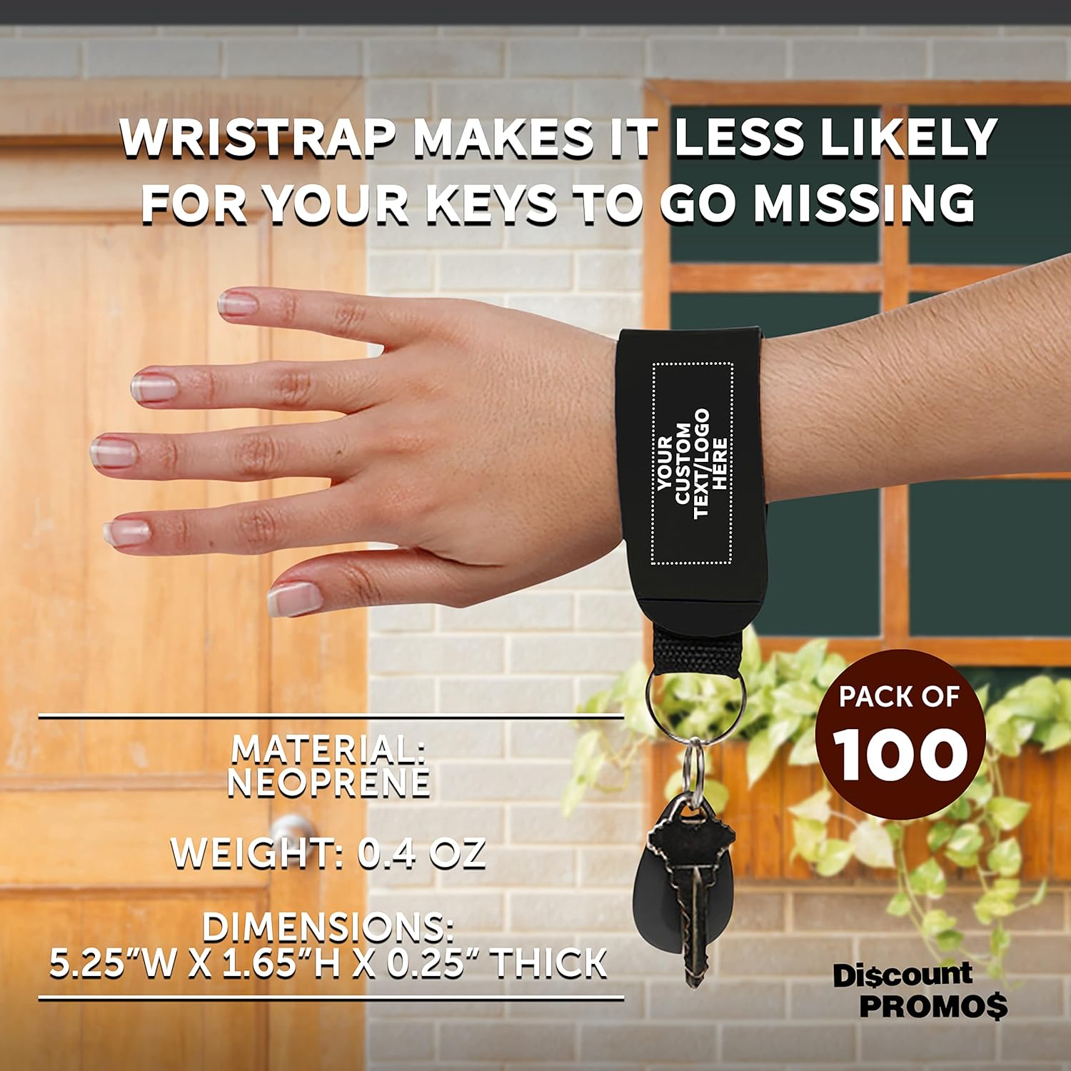 DISCOUNT PROMOS 100 Neoprene Strap Keychains Set - Customizable Text, Logo - Stretchable, Split-ring, Vibrant - Black