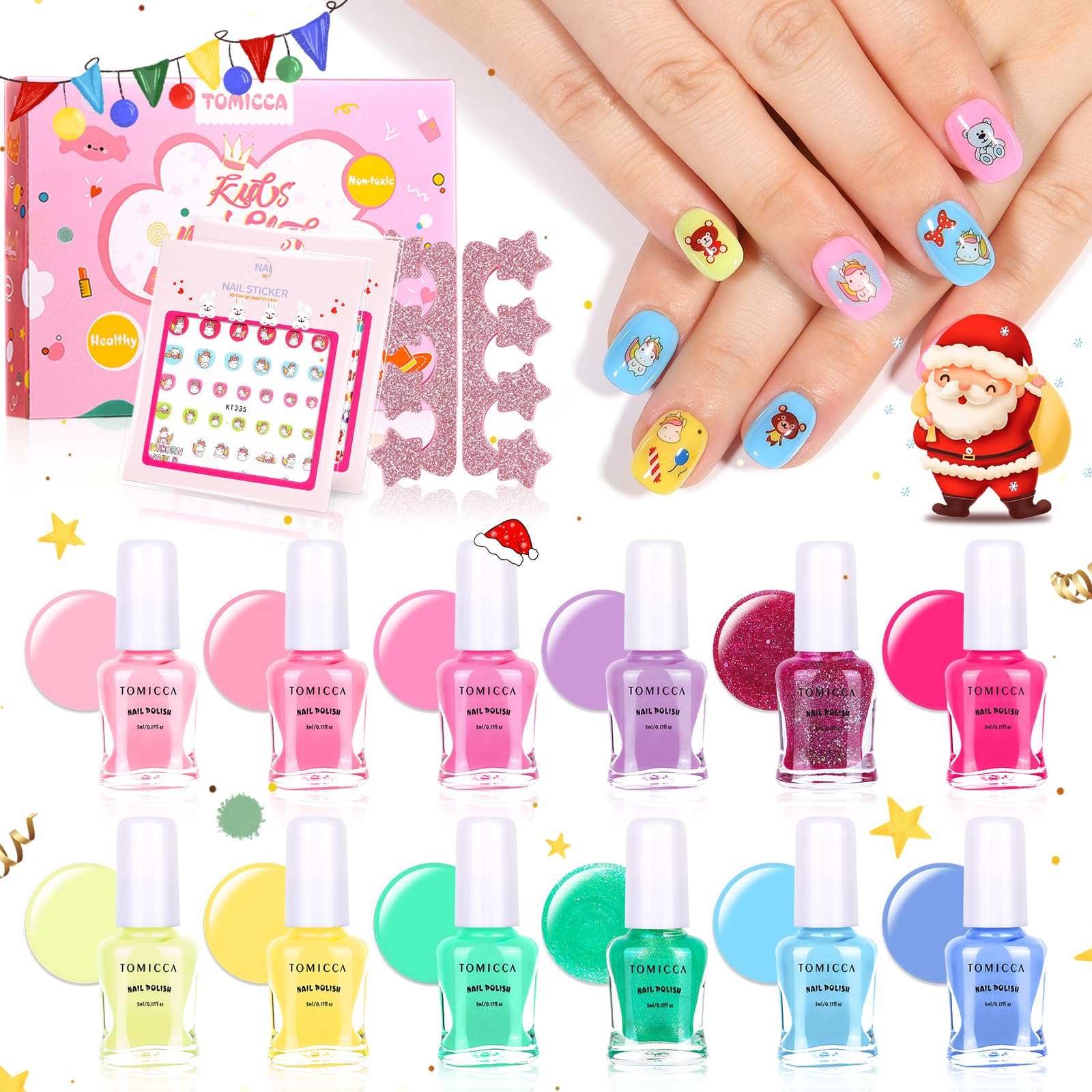 TOMICCA Kids Nail Polish Set - 12 Candy Rainbow Colors Non Toxic Water Based Odorless Peel Off Quick Dry Natural Safe for Toddler Parties & Birthday Girls (Ages 3+)