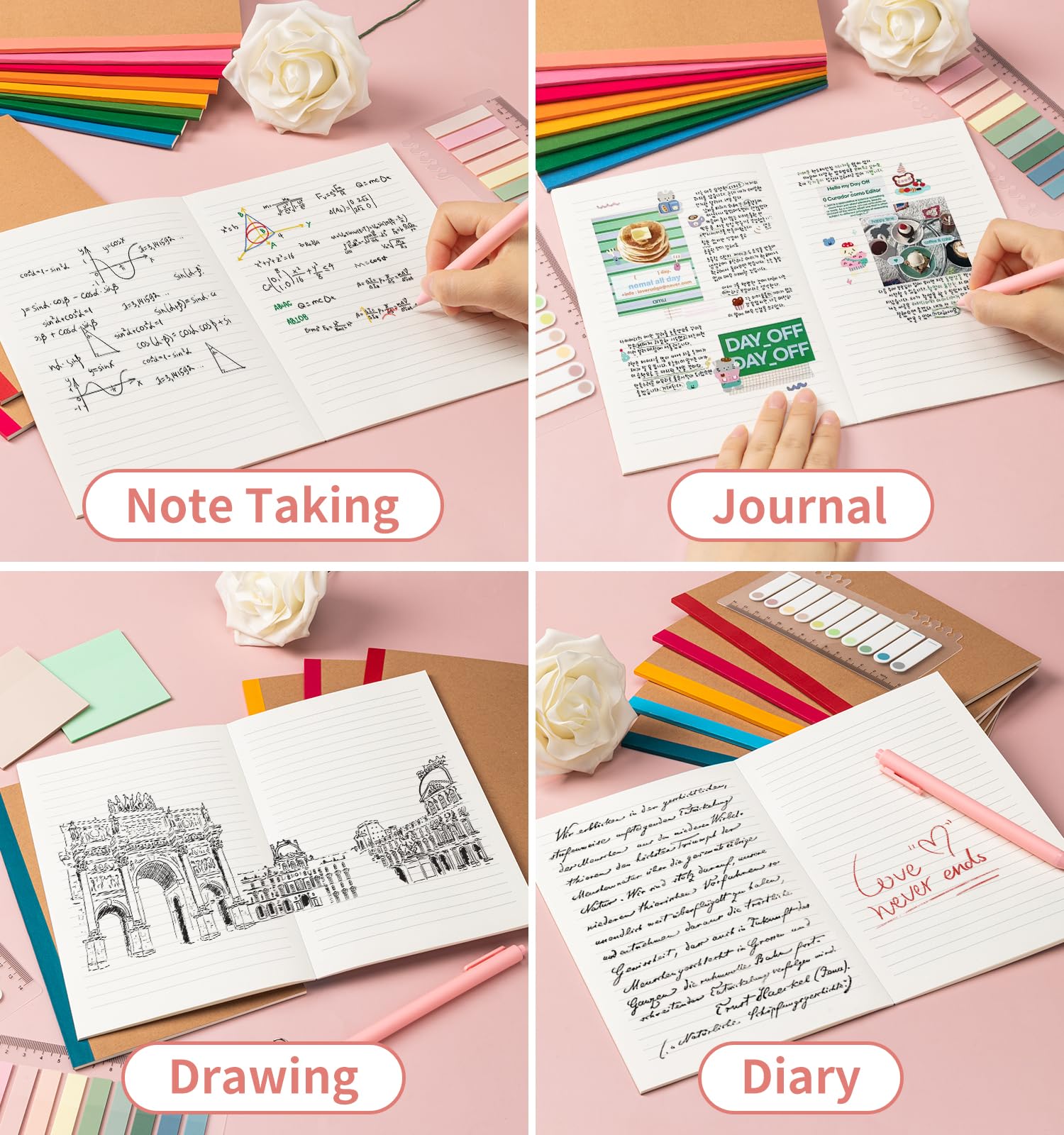 Notizbuch, A5, liniert, College-Notizbuch, Krafteinband mit Regenbogenrücken, 21,1 x 14 cm, 15 Farben, 60 Seiten, für Schule, Büro, Reisen, 30 Stück