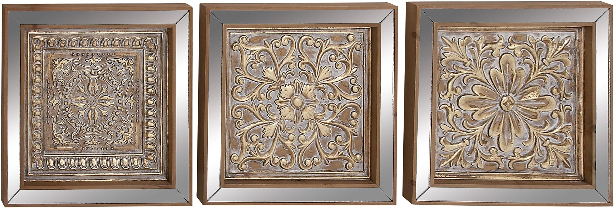 Deco 79Benzara Antique Colonial Traditional Metal Mirror Wall Plaque Set Of 3, Gold And Bronze