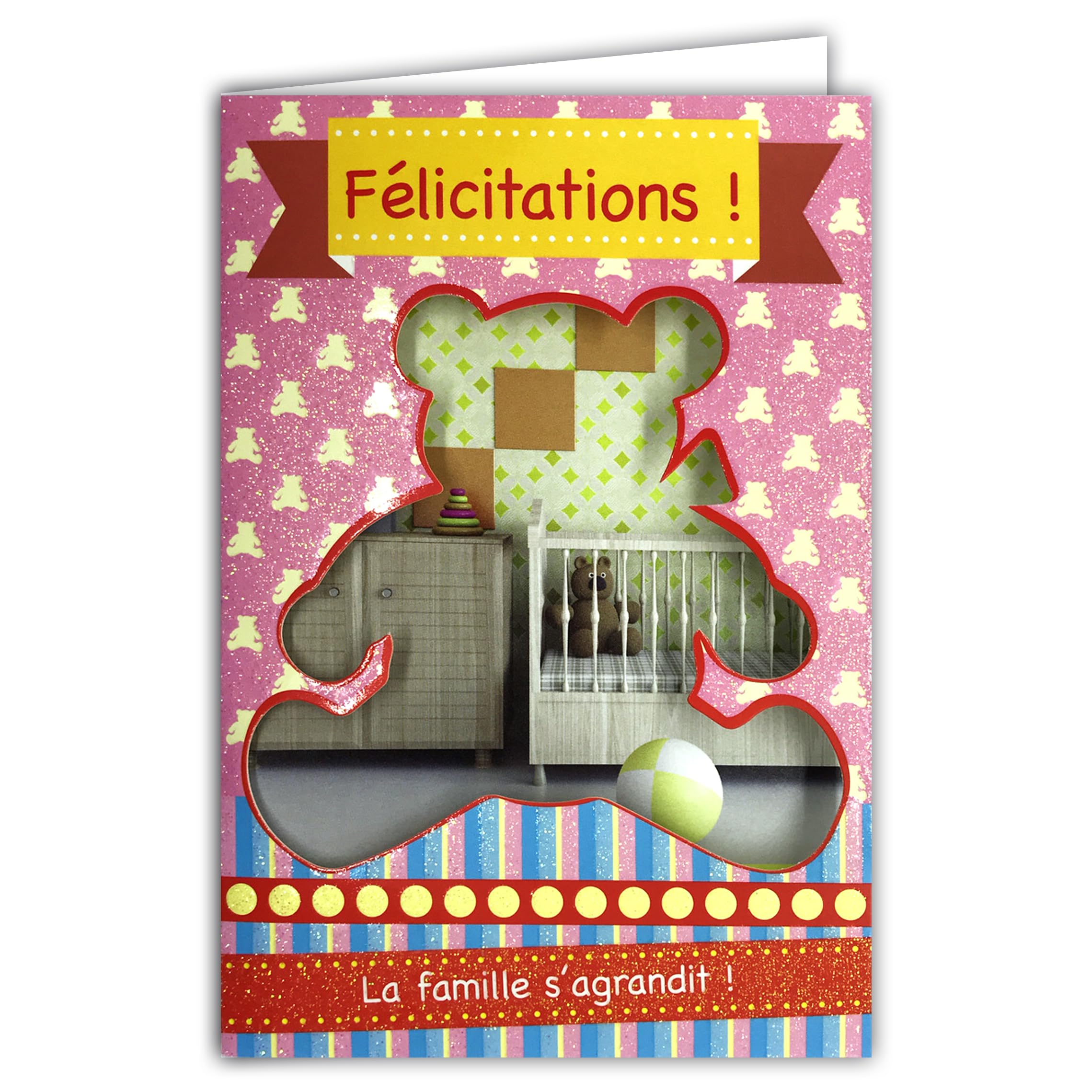 AFIE Congratulations Card for Birth or Adoption Baby Girl with Glitter and Pink Envelope 12 x 17.5 cm The Family Grows and Perforation Cut Out Teddy Bear 66-1017-B