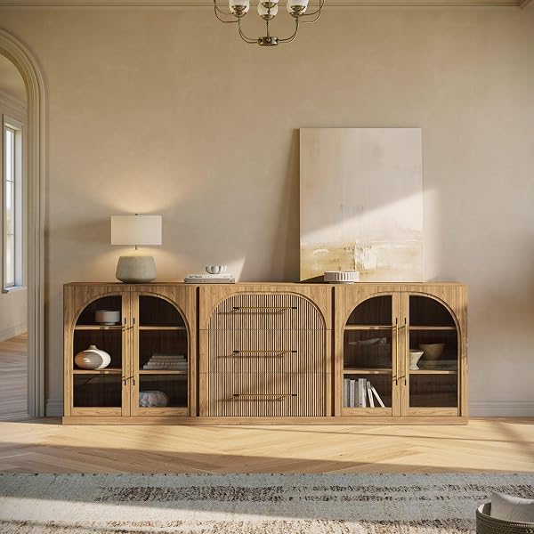 BELLEZE arched glass modular sideboard set in warm wood finish