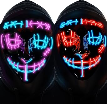Halloween LED Light Up Mask 2 Pack, Glowing Costume Mask, 3 Light Modes