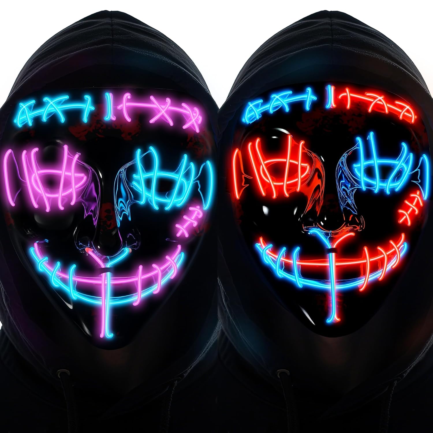 Halloween LED Light Up Mask Scary Glowing Purge Mask with Cosplay Costume for Party Masquerade Festival 2PCs
