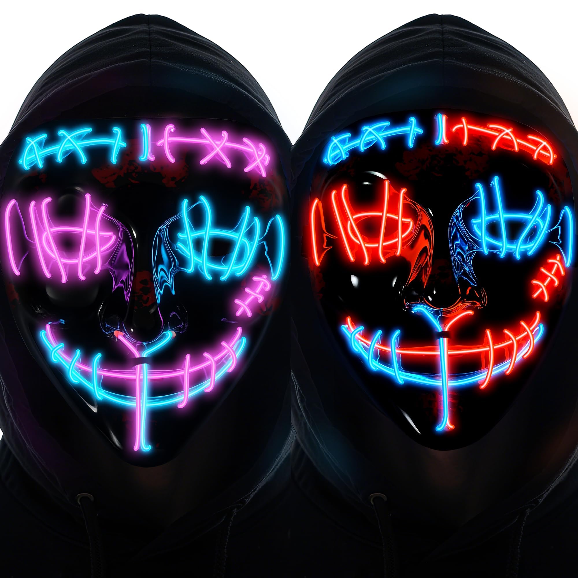 Halloween LED Light Up Mask Scary Glowing Purge Mask with Cosplay Costume for Party Masquerade Festival 2PCs
