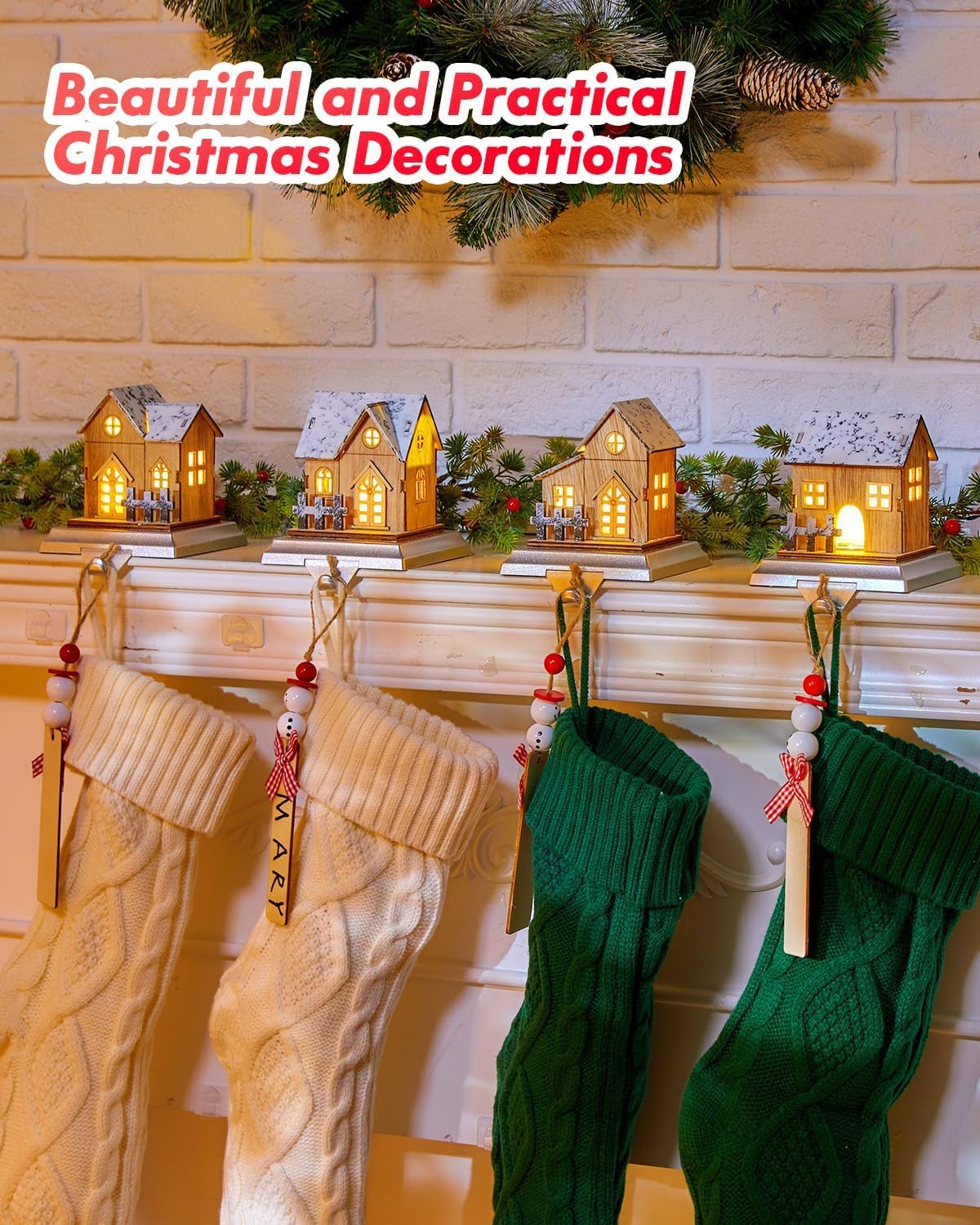 Christmas Stocking Holders for Mantle Set of 4, 4Pack Christmas Mantle Wood Room Stocking Hangers with Lights, Weighted Christmas Different Room Stocking Hooks for Fireplace Counter Window Decoration