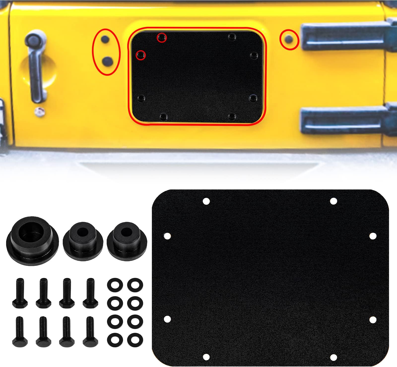Buling Aluminum Wrangler Spare Tire Carrier Filler Plate Tailgate Plug Vent Plate Cover with Tailgate Durable Rubber Plugs Set and Factory Bolts Compatible with 2007-2018 Jeep Wrangler JK & JKU