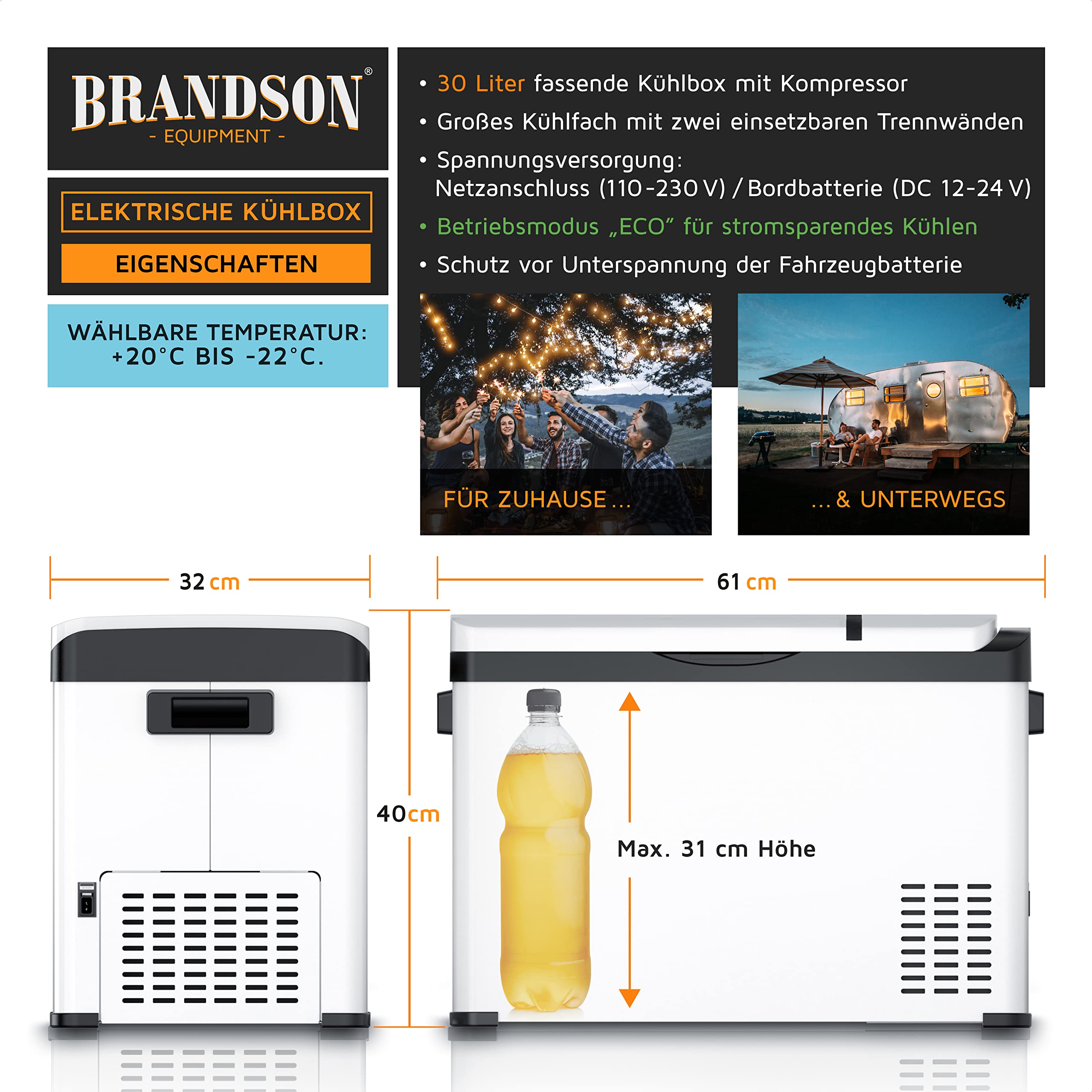 Brandson - ECO Kompressor Kühlbox XXL elektrisch - 30L Getränke Kühlschrank - Gefrierbox Kühlung bis – 22°C - Autokühlbox mit ECO Modus - 30 Liter 12V 24V KFZ – für LKW Auto Camping Boot – Weiß