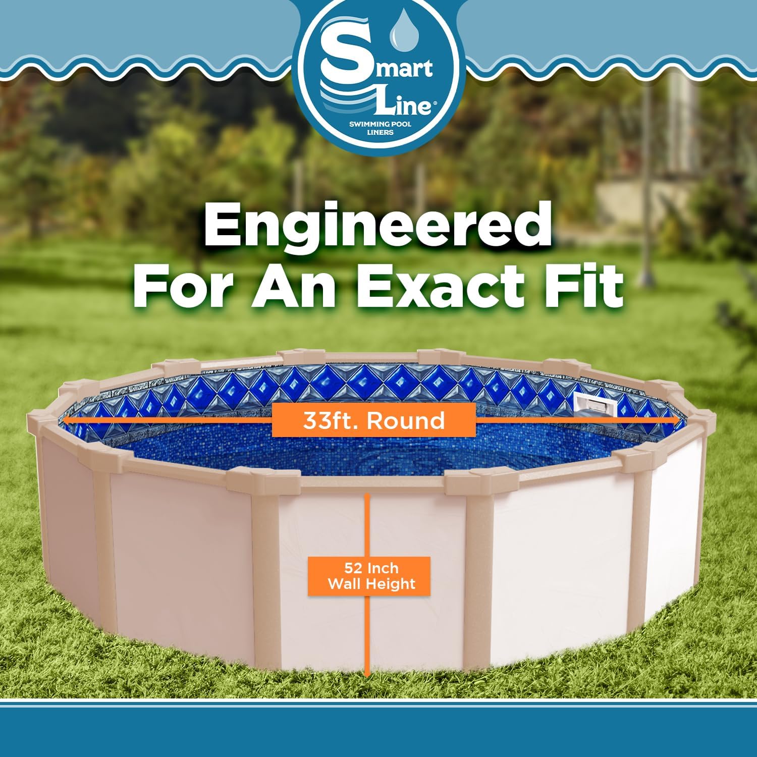 Smartline 33 ft Round Swimming Pool Liner | Crystal Tile | Unibead Style | 52 Inch Wall Height | 25 Gauge Heavy Duty Virgin Vinyl | Designed for Steel Sided Above Ground Pools