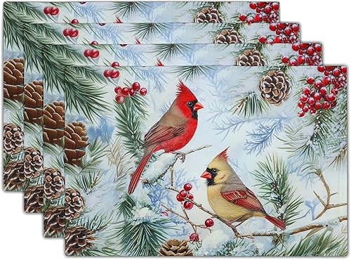 Miniatura 35 de Juego de 4 manteles individuales de primavera, diseño de pájaros azules, flores, flores, estación, primavera, floral, lavable, rústico, decoración