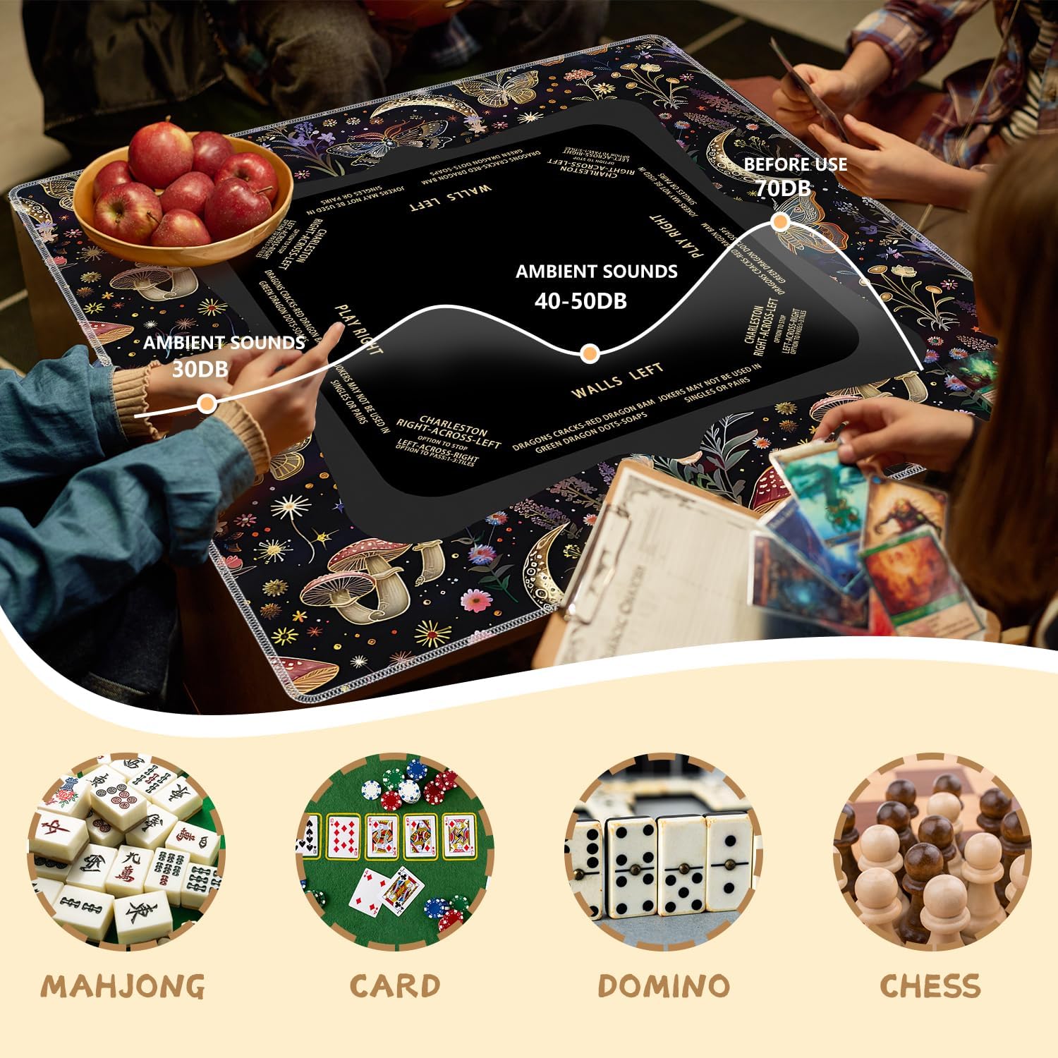 Whimsical Butterfly and Mushroom Mahjong Mat 31.5 x 31.5 in, Mystical Enchanted Forest Anti-Slip Noise-Reducing Mahjong Mat for Table Board, Games Tile Games, Poker and Cards