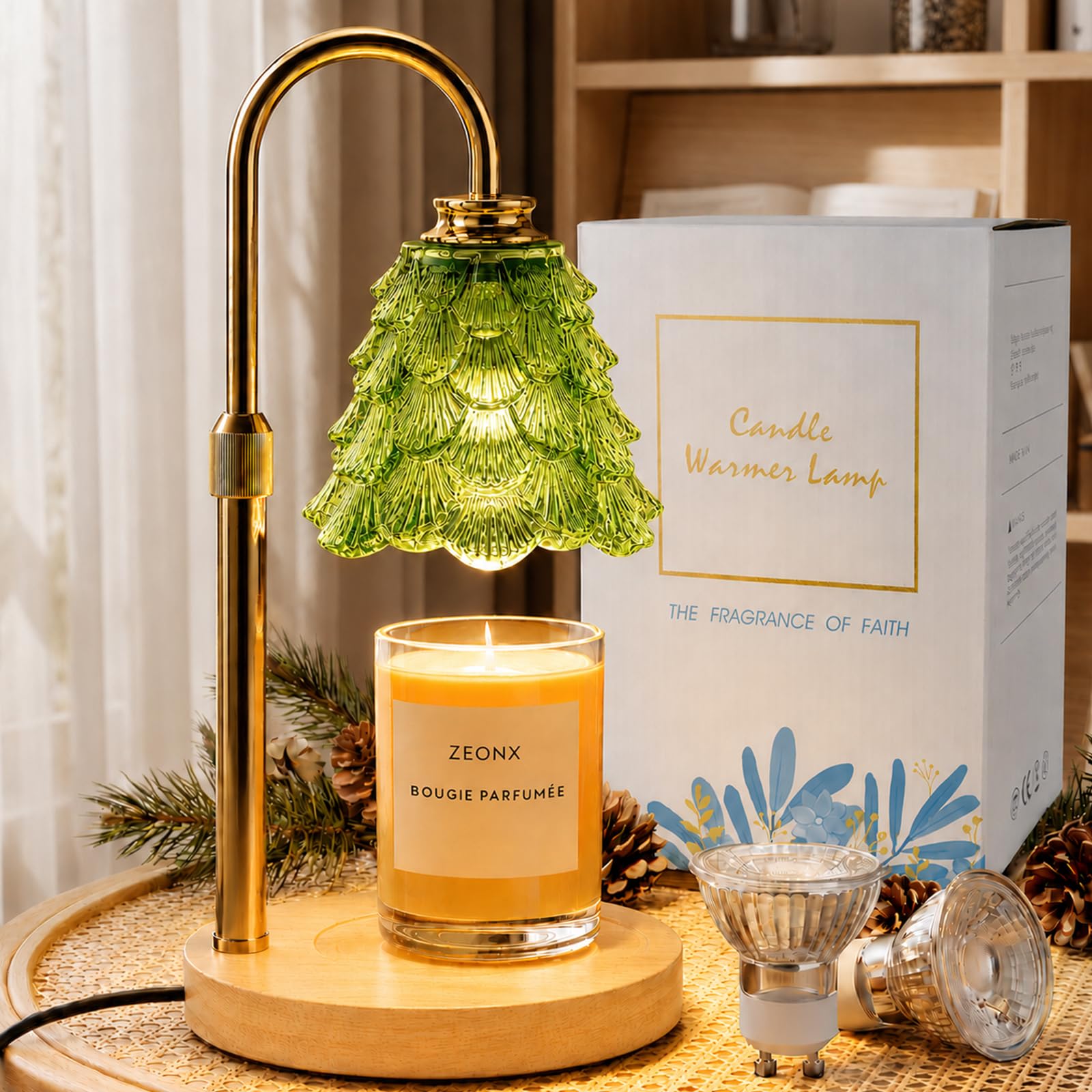 Candle Warmer Lamp with Timer and Dimmer, Height Adjustable Wax Melt Warmer for Jar Candles, 2 x 50W GU10 Bulbs and UK Plug, Green Glass Shade, Wooden Base (Green)
