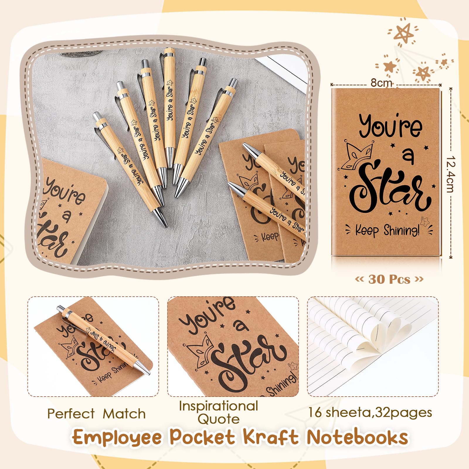 Clabby 30 Sets End of Year School Leavers Gifts Star Notebook 3'' x 5" Inspirational Wooden Pen Motivation You're a Star Keep Shining Gifts for Students from Teachers - Image 4