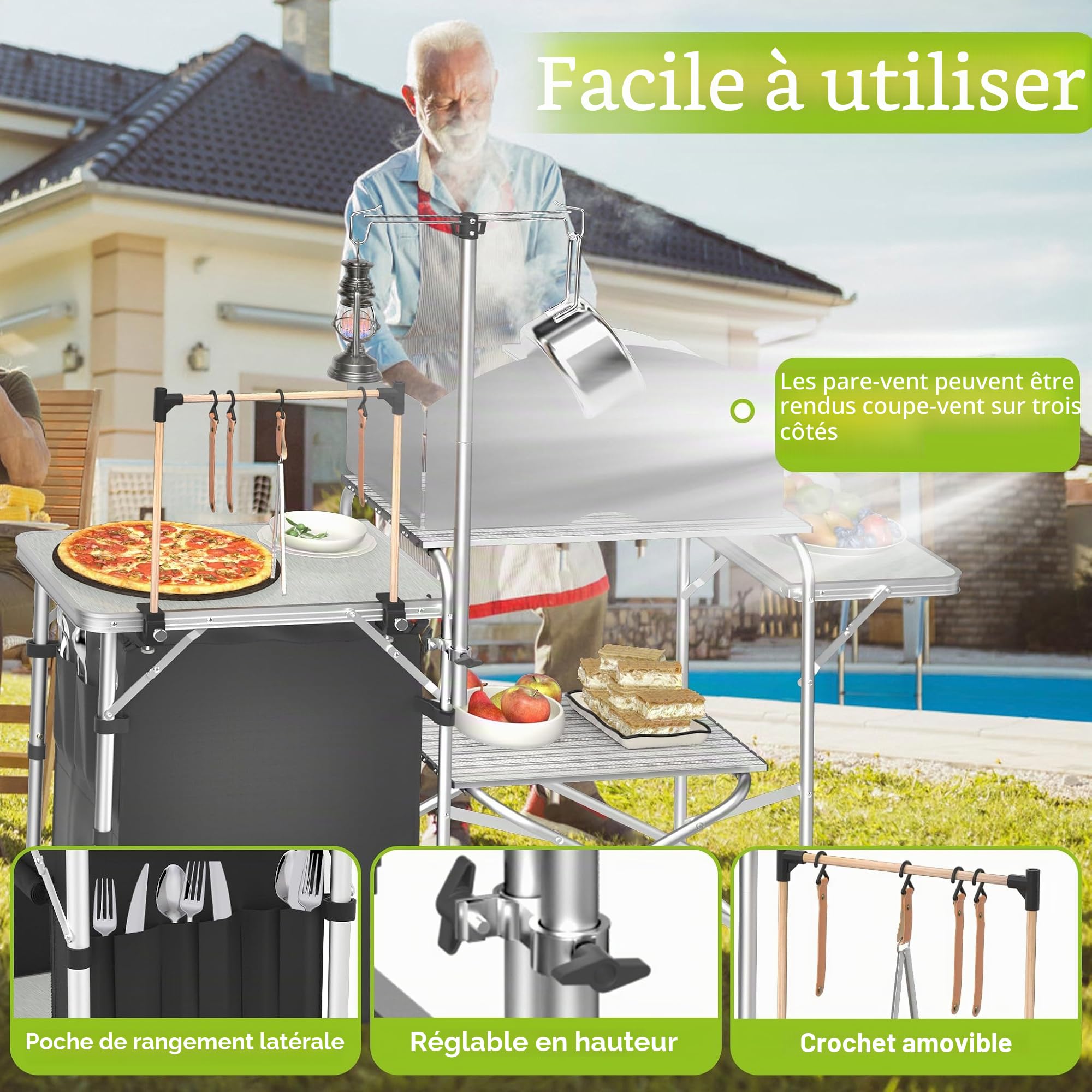 LZQ Table de cuisine de camping pliable avec armoires de camping, pare-vent, support de lampe et crochets, cuisine de camping d'extérieur avec panneaux MDF, sac de transport pour camping, pique-nique,