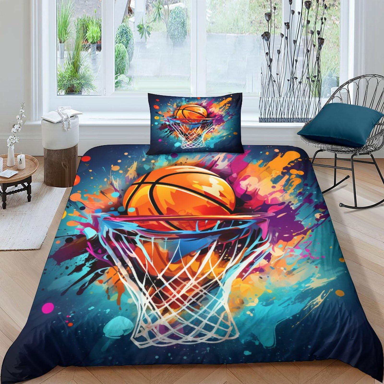 Parure de lit basket 3 pièces avec housse de couette imprimée 3D et 2 taies d'oreiller
