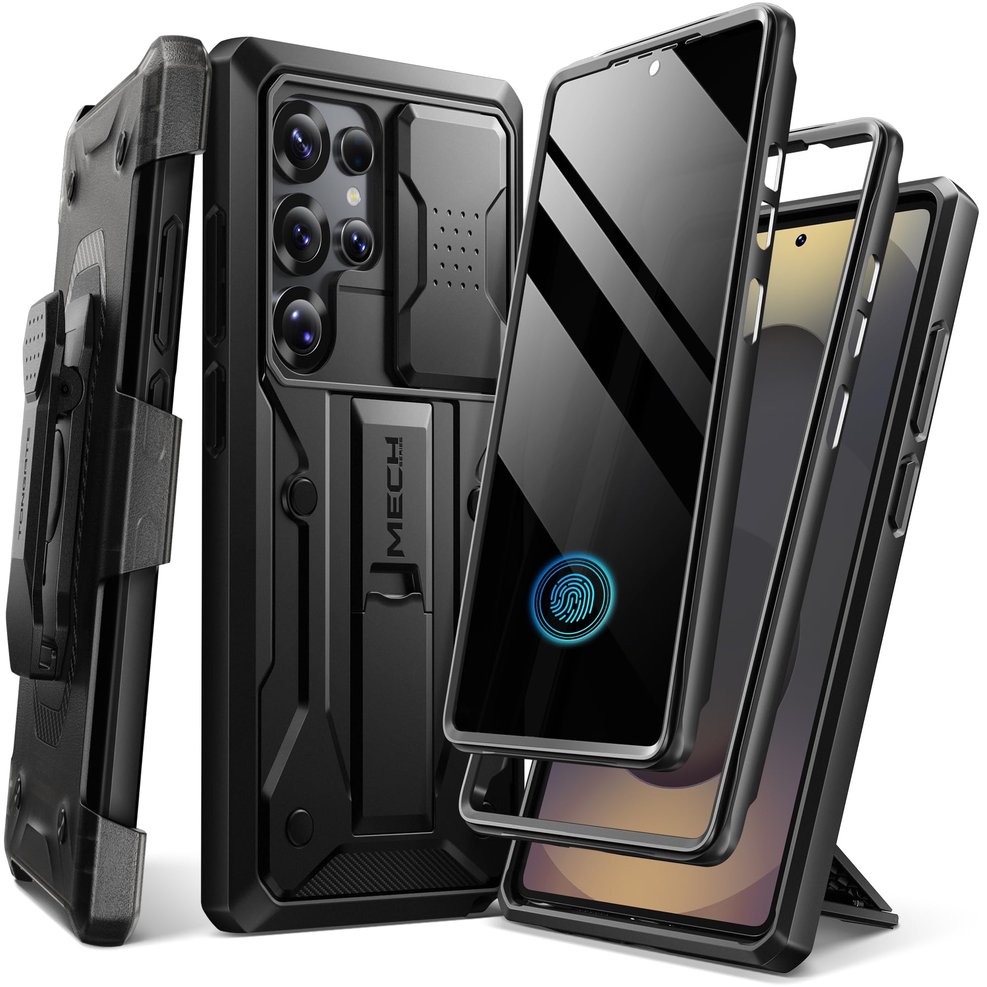 TONGATE for Samsung Galaxy S25 Ultraケース、[プライバシースクリーンプロテクター＆スライドカメラカバー付き] [2フロントフレーム] フルボディヘビーデューティー耐衝撃 S25 Ultra用ケーススタンド＆ベルトクリップホルスター付き、ブラック