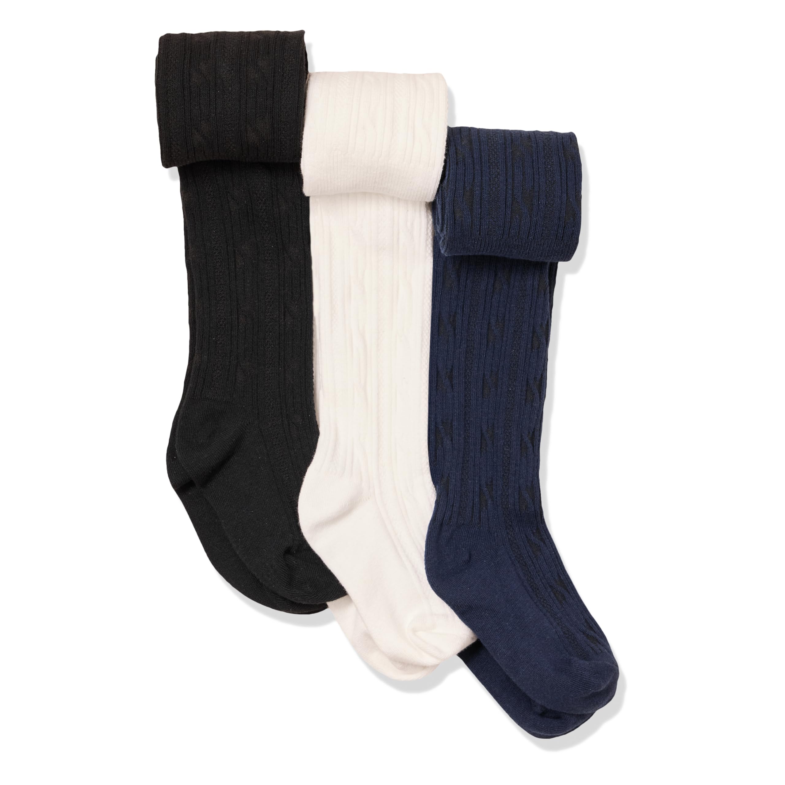 Amazon Essentials Mädchen Zopfmuster-Strumpfhose, 3er-Pack, Weiß/Schwarz/Marineblau, 12-14 Jahre