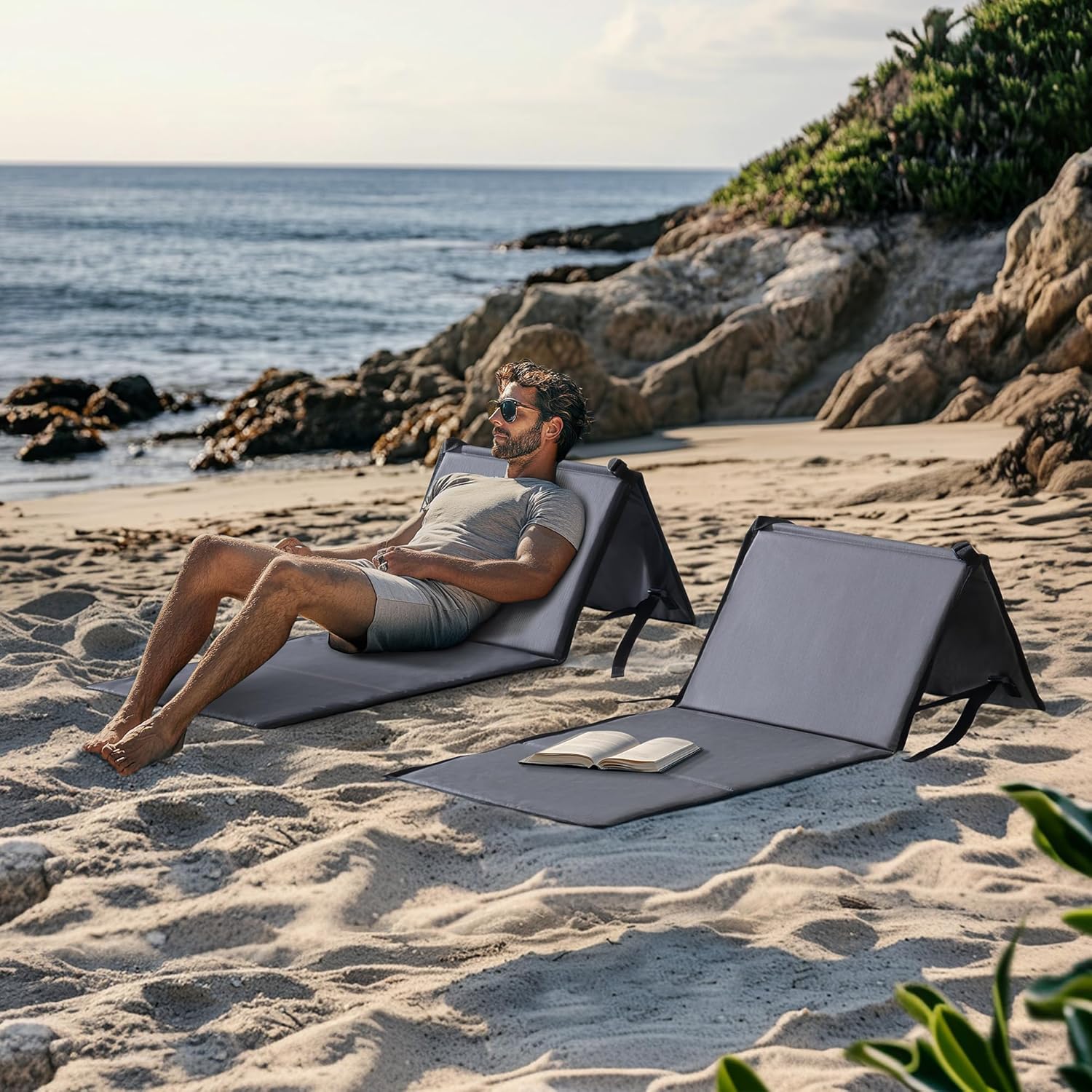 Sunjoy Ultra-Light Folding Chair with Backrest, Outdoor Portable Beach Mat Lounge Chair, Ideal Tanning Mat for Sunbathing for Camping Beach Road Trips, Gray