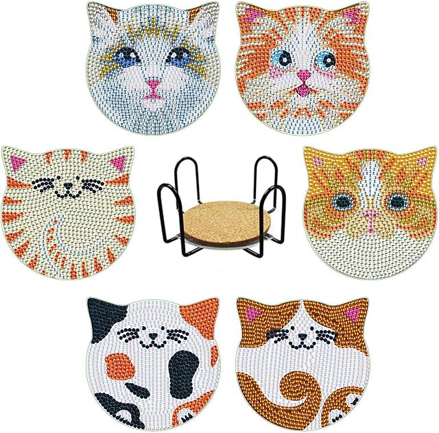 6pcs Diamond Art Coasters with Holder Cute Cats Diamond Painting Coasters with Cork Backing Kits Arts and Crafts for Adults Diamond Painting Kits Diy Coasters Kit Cartoon Art Home Decor Gift