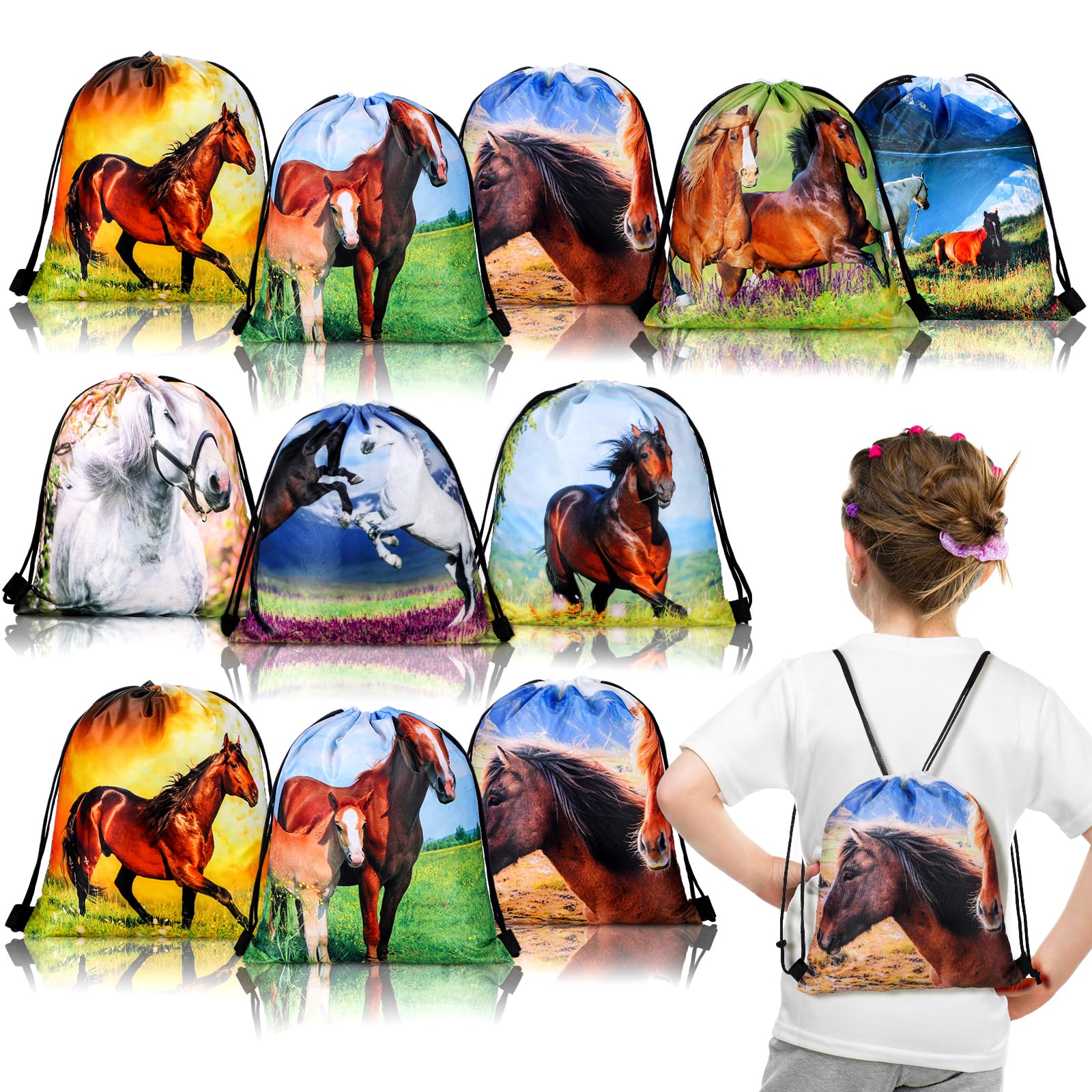 Saintrygo 16 Pcs Western Horse Party Favors Cowboy Cowgirl Drawstring Backpack Bags Horse Goodie Candy Bags Birthday Party Supplies Decorations
