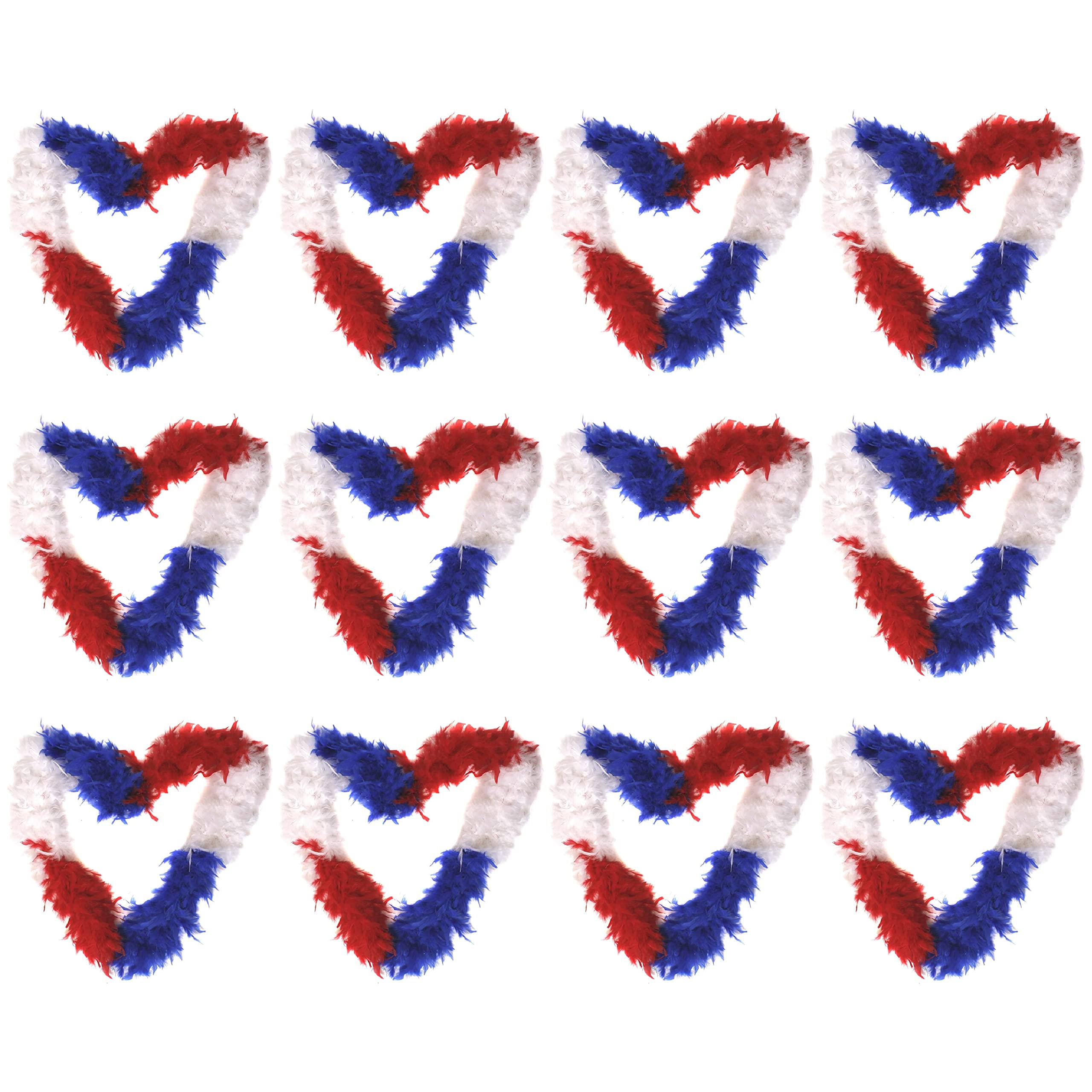 Ilovefancydress Lot de 12 plumes boa rouge, blanche et bleue – Drapeau du Royaume-Uni