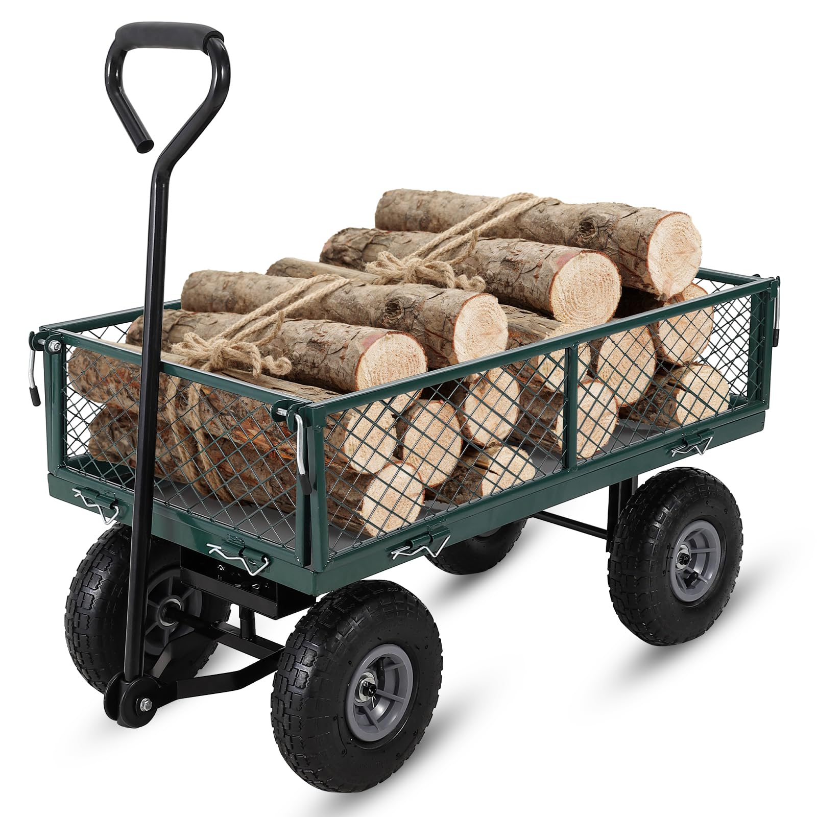 Garvee Chariot de Jardin Robuste 440 lbs – Acier – Côtés grillagés Amovibles – Roues 25 cm – Poignée rotative 180° – Idéal Jardin, pelouse, Ferme, Plage – Vert, capacité 440 lbs